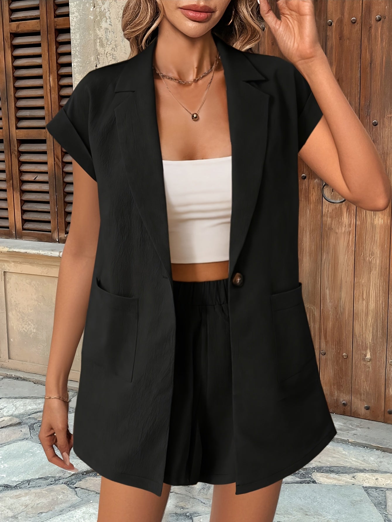 Women's Short Sleeve Open Front Jacket with Notch Collar and Shorts Set