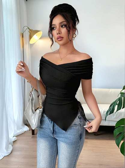 Women's Y2K Asymmetrical Hem Off-Shoulder Top - Slim Fit Fitted Blouse with Deep & Square Neckline, Machine Washable All-Season Tunic for Casual to Formal Outfits (Solid Black) - Versatile Everyday & Special Occasion Blouse with Asymmetrical Hemline & Fitted Silhouette, Chic Y2K Style for Layering or Standalone Wear, Womens Tops And Blouses, Womens Tops, Ladies Tops And Blouses, Ladies Tops, Trending Clothes For Women, Women Tops, Summer Tops For Women