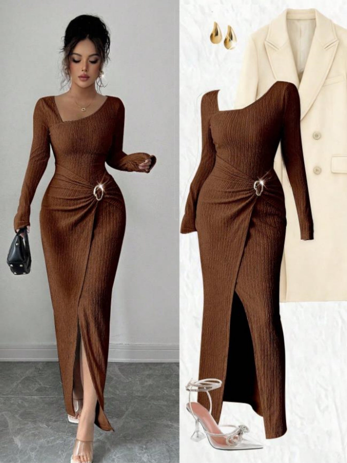 Women's Elegant Long Sleeve Mermaid Dress with Asymmetrical Neckline & Slit - Long Train Maxi Length, High-Low Hem, Brown (Formal Wedding Guest/Bridesmaid Gown) - Machine Washable Stretch -like Party Wedding Dress