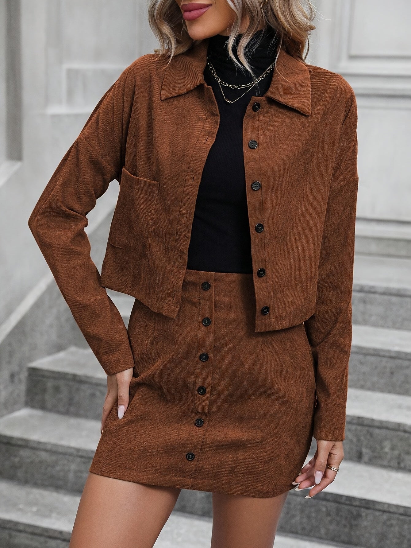 Elegant 100% Polyester Suit Set – Cardigan Jacket + Button Skirt