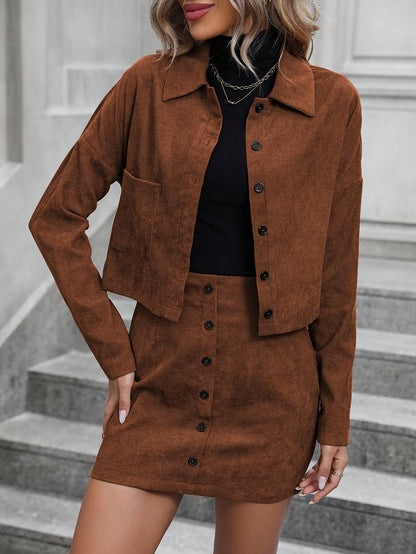 Elegant 100% Polyester Suit Set – Cardigan Jacket + Button Skirt