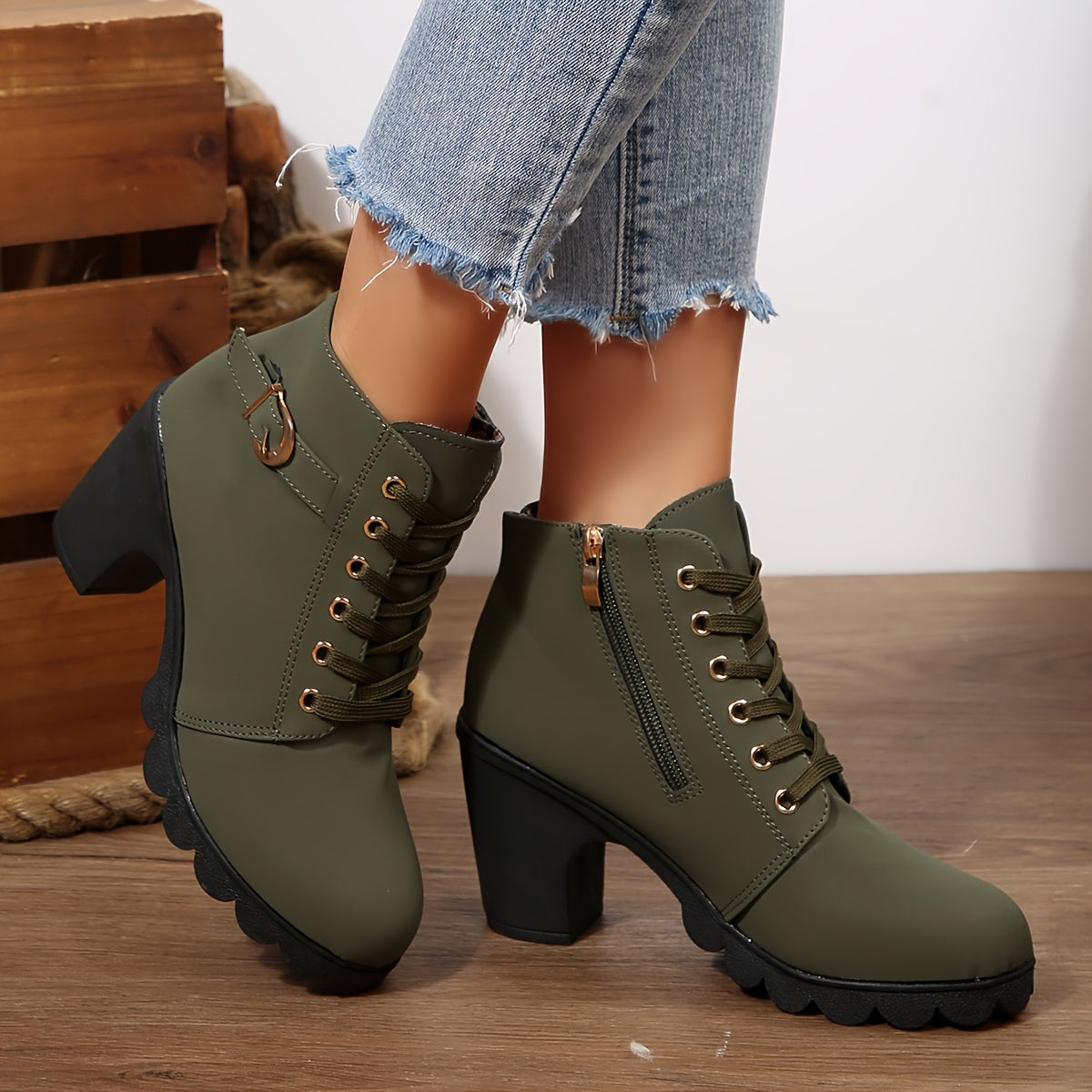 Women'S Comfortable Elegant Outdoor Lace-Up High Heels with Chunky Heel Side Zipper High Heel Ankle Boots, Solid Color, All-Season, Plain Toe, Faux Cover, Fabric Inner and Insole, Hand Washable, Casual Dress Shoes | Laceup Ankle Boots | Faux Cover Boots
