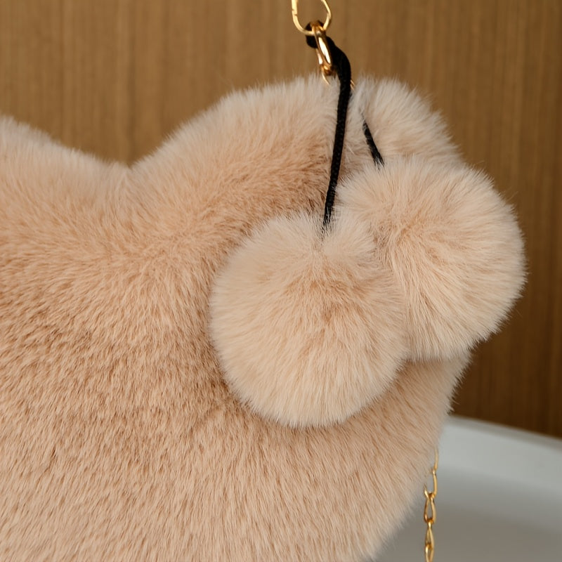 Women's Plush Heart-Shaped Shoulder Bag with Fluffy Pom-Pom Accent - Soft Imitation Fur Handbag, Zipper Closure & Wrist Strap, Cozy Winter Bag in Beige/Pink/White/Red/Black, Versatile for Everyday & Special Occasions
