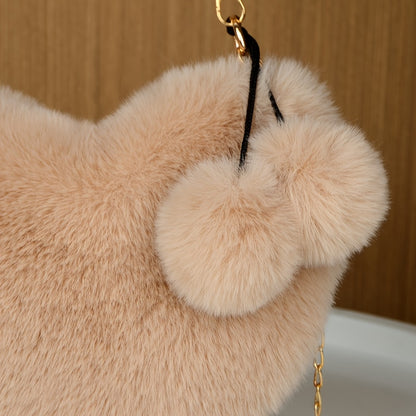 Women's Plush Heart-Shaped Shoulder Bag with Fluffy Pom-Pom Accent - Soft Imitation Fur Handbag, Zipper Closure & Wrist Strap, Cozy Winter Bag in Beige/Pink/White/Red/Black, Versatile for Everyday & Special Occasions