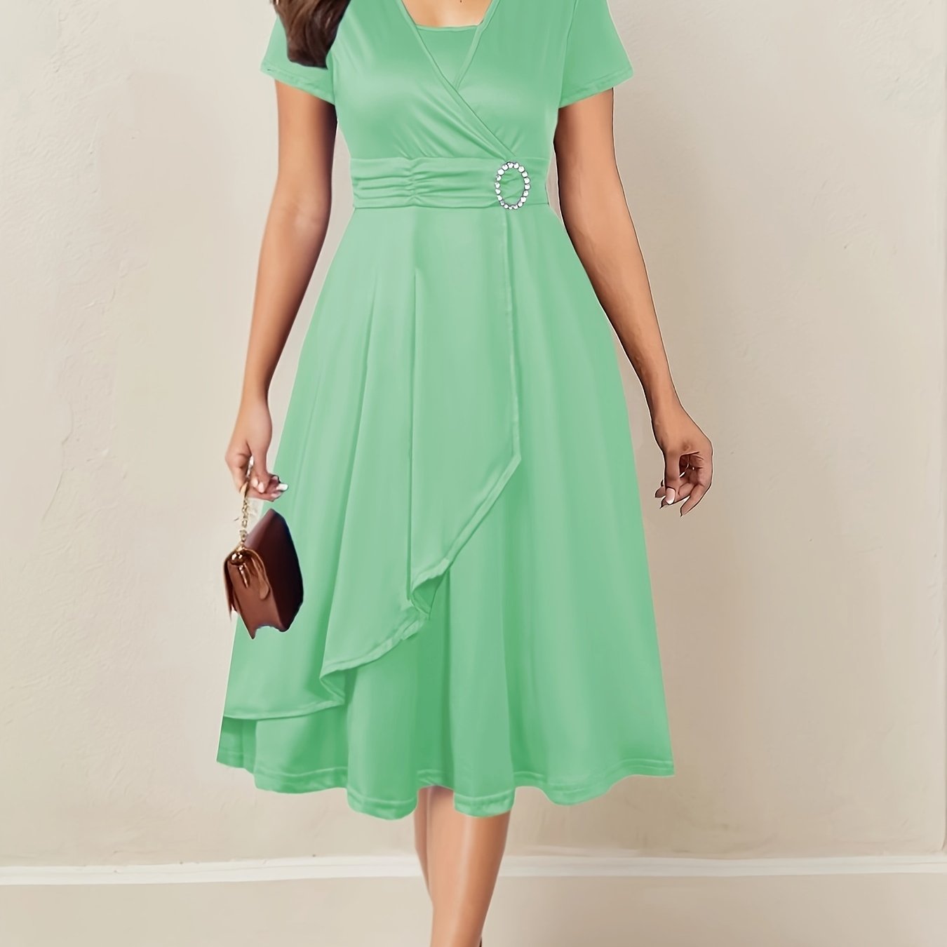 Elegant V-Neck Dress with Asymmetric Waist and Rhinestones