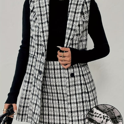 Elegant Plaid Vest & Skirt Set – Double-Breasted Winter Look
