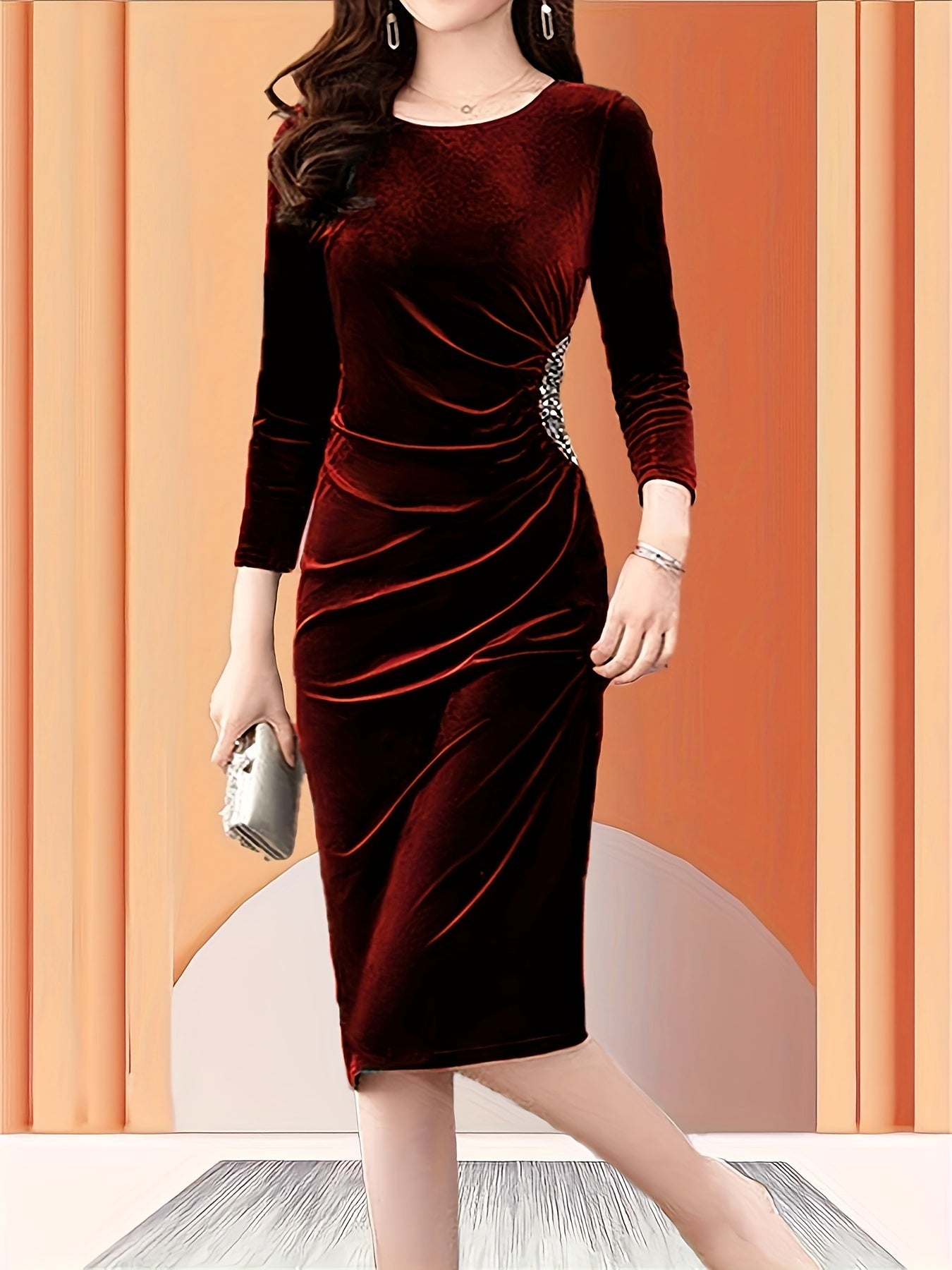 Vestido de veludo com fecho, elegante vestido justo com mangas 3/4 franzidas para a primavera e outono, roupa de mulher