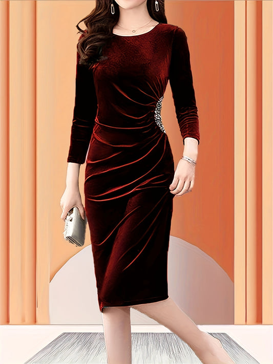 Vestido de veludo com fecho, elegante vestido justo com mangas 3/4 franzidas para a primavera e outono, roupa de mulher