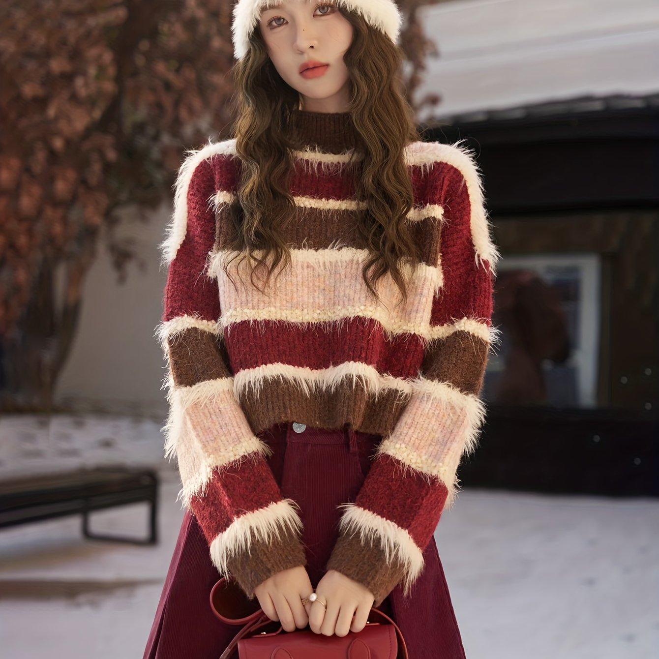 Chic Korean Fall Denim Skirt & Striped Sweater Set