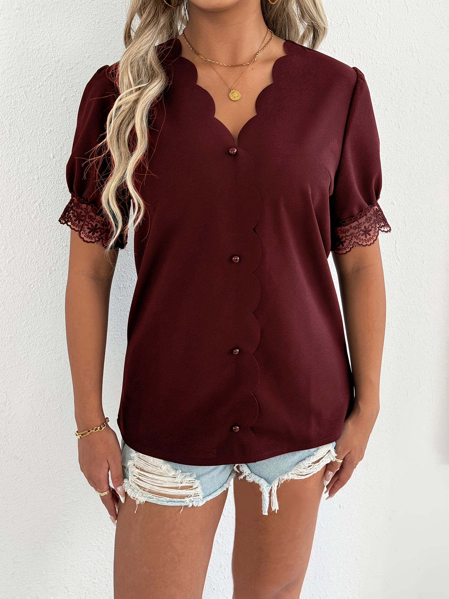 Women's Summer Casual Solid Color V-Neck Short Sleeve Shirt