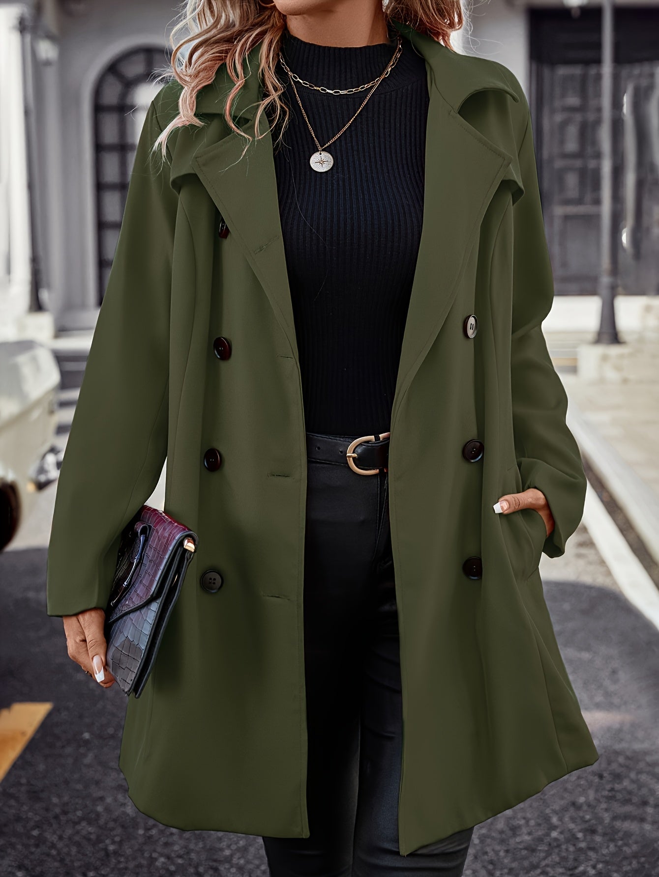 Casaco Trench Elegante Verde Oliva para Mulher - Fecho Estruturado com Botões, Manga Comprida, Abotoadura Simples, Cor Sólida, Perfeito para Outono/Inverno, Roupa Casual a Formal, Peça de Moda Versátil | Casaco de Estilo Clássico | Casaco de Corte Ajustado