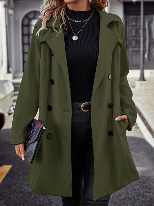 Casaco Trench Elegante Verde Oliva para Mulher - Fecho Estruturado com Botões, Manga Comprida, Abotoadura Simples, Cor Sólida, Perfeito para Outono/Inverno, Roupa Casual a Formal, Peça de Moda Versátil | Casaco de Estilo Clássico | Casaco de Corte Ajustado
