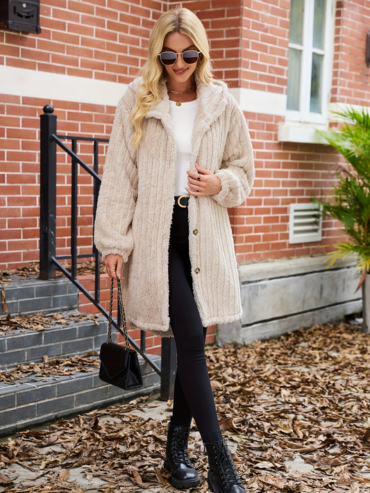 Jaqueta com Capuz de Urso Teddy para Mulheres - Casaco Inverno Bege/Marrom com Acabamento Branco Semelhante a Pele, Gola A-Line Slim-Fit & Botões Frontais Simples em Linha Única, Roupa Externa Lavável à Máquina para Outono/Inverno (Casual e Profissional)