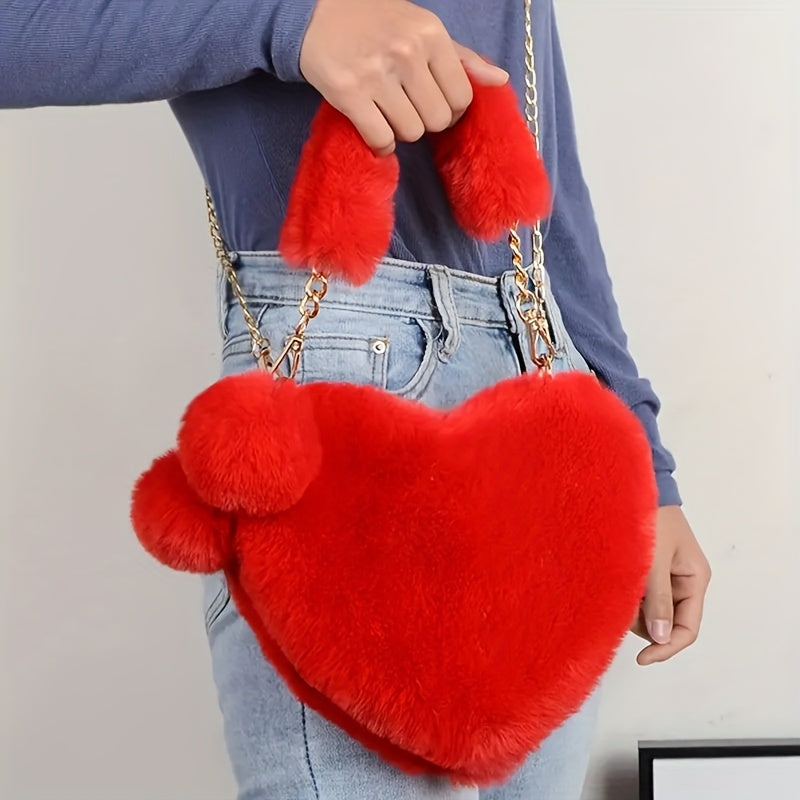 Women's Plush Heart-Shaped Shoulder Bag with Fluffy Pom-Pom Accent - Soft Imitation Fur Handbag, Zipper Closure & Wrist Strap, Cozy Winter Bag in Beige/Pink/White/Red/Black, Versatile for Everyday & Special Occasions