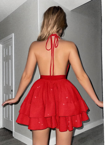 Vestido mini vermelho elegante com decote off-shoulder e franzido para mulheres - Sexy decote em V profundo, design sem costas, saia fluída, perfeito para festas e eventos de primavera/verão, vestido de festa | Textura franzida | Tecido de poliéster