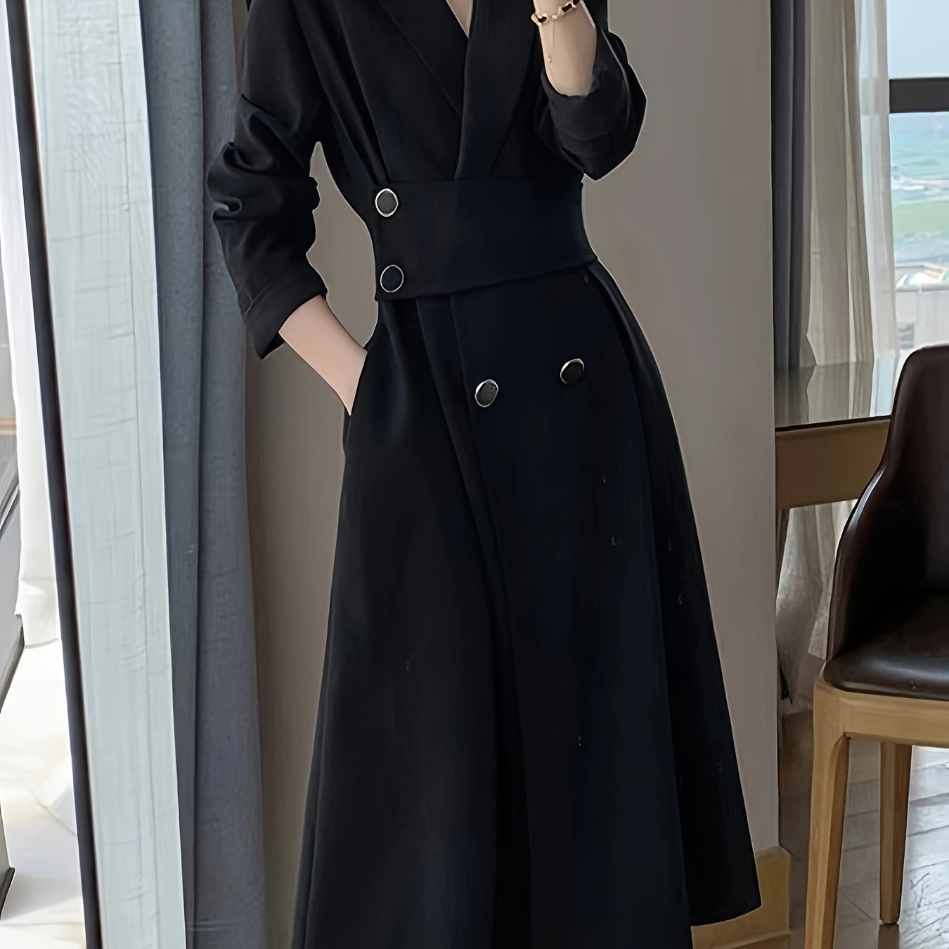 Elegant Black Midi Dress with Asymmetric Collar