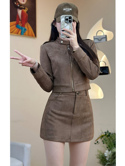 Brown Biker Style Women's Set: Short Zip-Up Jacket + High-Waisted A-Line Skirt with Zipper, Slimming Retro Two-Piece Outfit for Autumn/Winter