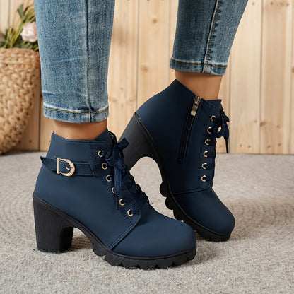 Women's Chunky Platform Ankle Boots - Side Zipper & Lace-Up Closure, Round Toe Boots with Non-Slip Rubber Sole - All-Season Cushioned Interior - Synthetic Cover Shoes in Black, Brown, Navy Green, Burgundy, Blue, Grey - for Casual, Formal, Everyday