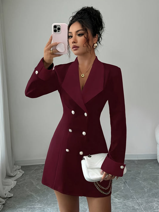 Vestido Curto Feminino de Outono Estilo Francês Elegante com Botões Duplos na Frente para Festas Noturnas/Encontros de Irmãs/Noite Fora/Encontros/Dia a Dia e Uso Diário