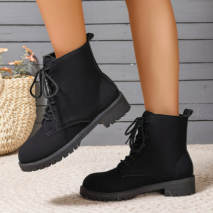 Women'S British Style Black High-Top Ankle Boots - Casual Winter Lace-Up Short Boots with Flat Rubber Sole, Round Toe & Fabric Upper for Casual Attire, Winter Boots, Round Toe Design, Durable Rubber Sole