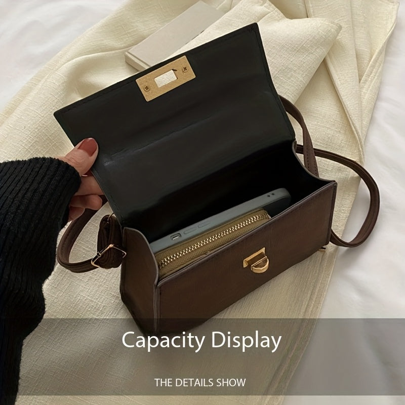 Women'S Elegant Retro Handbag & Crossbody Bag - Glossy / Brown/ Golden-Tone -like Texture, Golden-Tone Hardware & Turn-Lock Closure, Compact Mini Purse For Everyday, Purse, Crossbody Purse For Women, Handbag For Women, Designer Handbag For Women