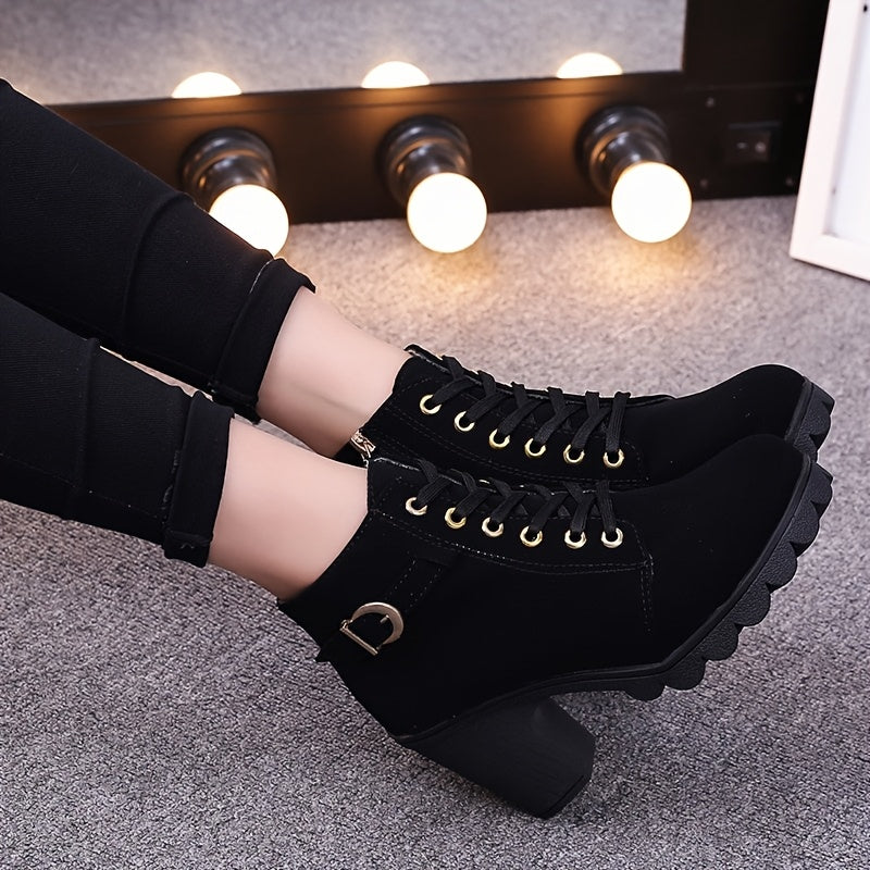 Chunky Block Heel Dress Boots with Side Zipper & Lace-Up Closure - Mid-Calf Length, Round Toe,  Upper &  Sole - All-Season Casual/semi-Formal Wear (Solid Color)