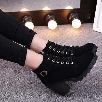 Chunky Block Heel Dress Boots with Side Zipper & Lace-Up Closure - Mid-Calf Length, Round Toe,  Upper &  Sole - All-Season Casual/semi-Formal Wear (Solid Color)