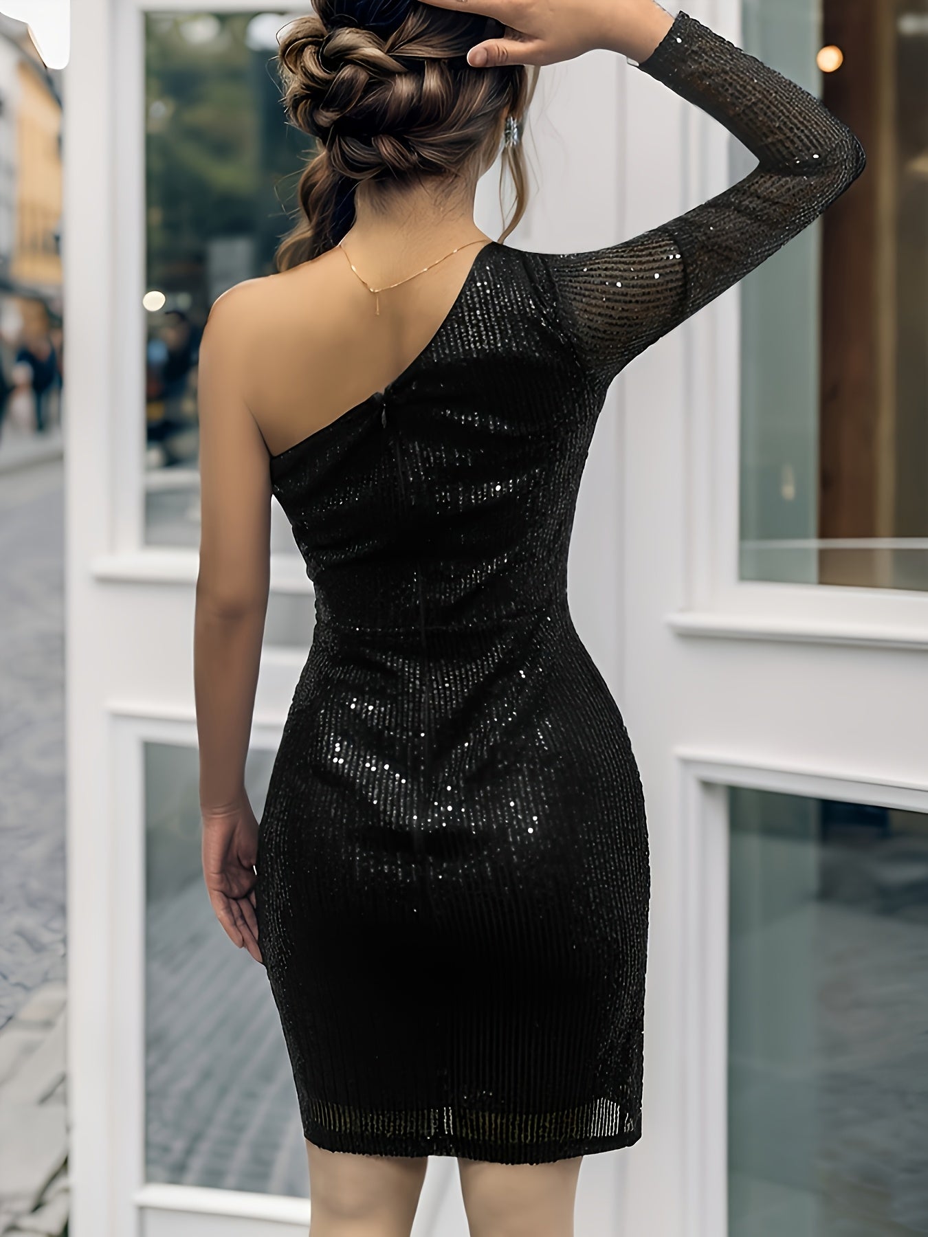 Women's Elegant Sparkling Sequin One-Shoulder Evening Dress - Mermaid/Bodycon Party Gown with Asymmetrical Hem, Long Sleeve Formal Cocktail Dress for Prom, Gala, Wedding - Shimmering Sequin Outfit (JHQC167) - Hand Wash/Dry Clean