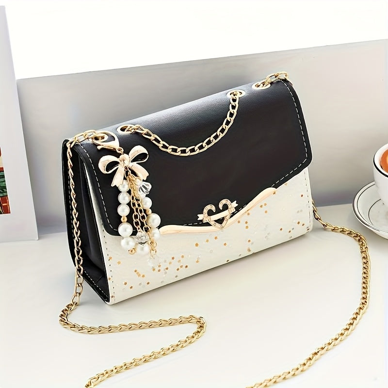 Elegant Sequin and Pearl Embellished Messenger Bag with Golden Chain Strap | Fashion Flip Cover, Adjustable Shoulder Strap, Ideal for Parties and Gifts, White Ivory Color, Magnetic Snap Closure, Dual Large Compartments