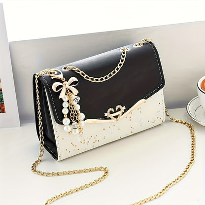 Elegant Sequin and Pearl Embellished Messenger Bag with Golden Chain Strap | Fashion Flip Cover, Adjustable Shoulder Strap, Ideal for Parties and Gifts, White Ivory Color, Magnetic Snap Closure, Dual Large Compartments