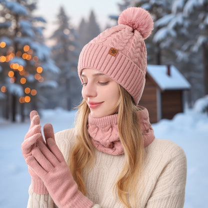 Conjunto de Inverno Quente para Adulto 3 peças - Chapéu, Cachecol & Luvas, Roupa 3-em-1 Espessa Resistente ao Frio e Moderna para Deslocações Diárias, Compras & Atividades ao Ar Livre, Design Ajustado de Cor Sólida com Tema de Natal, Lavar à Mão, Roupa com Tema de Natal