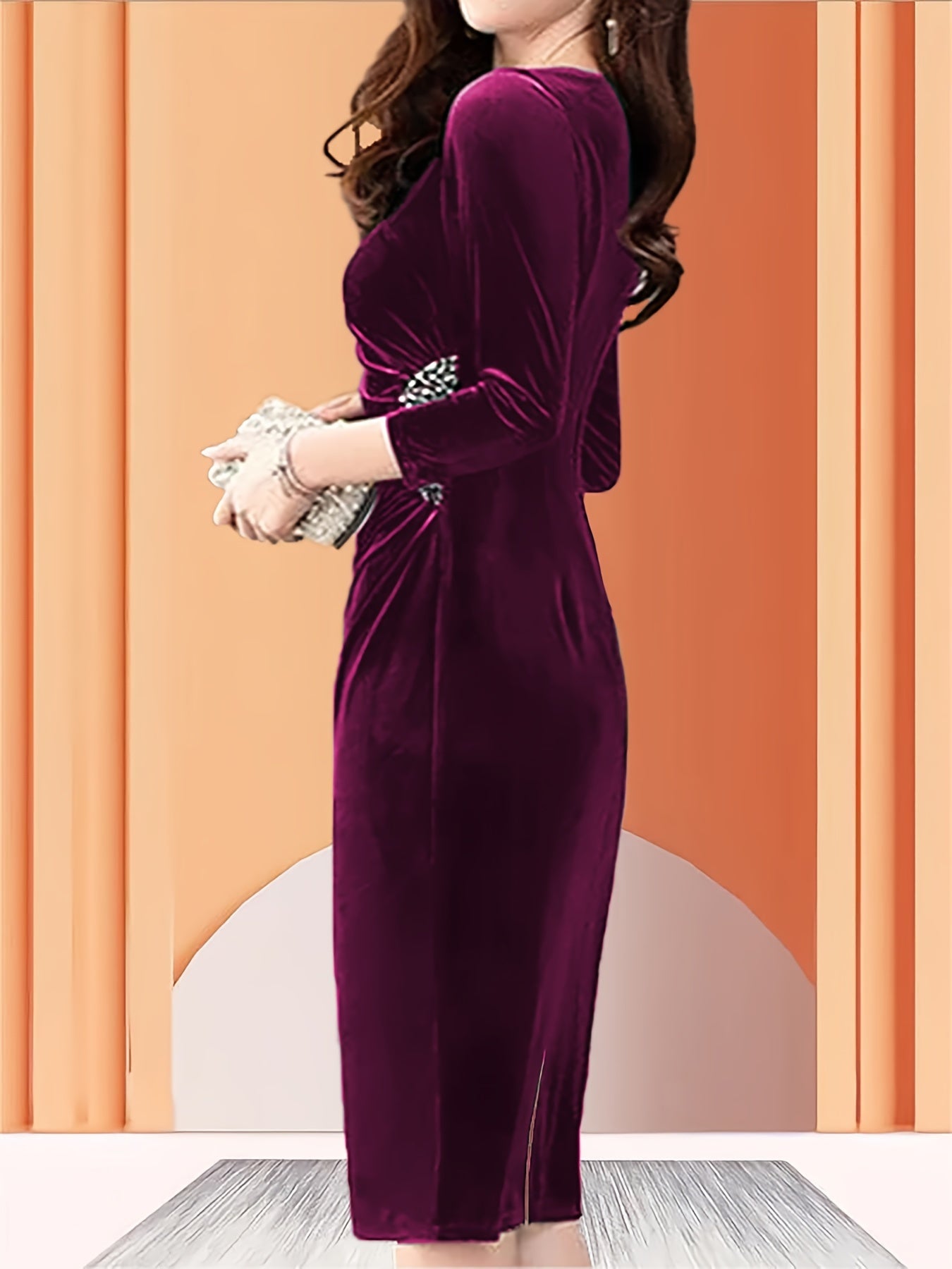 Vestido de veludo com fecho, elegante vestido justo com mangas 3/4 franzidas para a primavera e outono, roupa de mulher