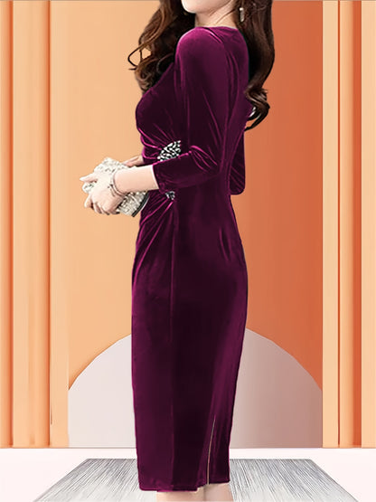 Vestido de veludo com fecho, elegante vestido justo com mangas 3/4 franzidas para a primavera e outono, roupa de mulher