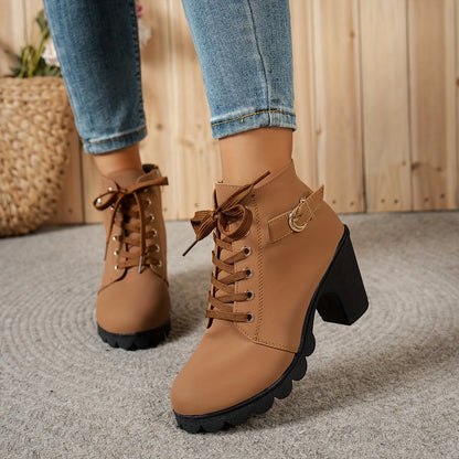 Women's Chunky Platform Ankle Boots - Side Zipper & Lace-Up Closure, Round Toe Boots with Non-Slip Rubber Sole - All-Season Cushioned Interior - Synthetic Cover Shoes in Black, Brown, Navy Green, Burgundy, Blue, Grey - for Casual, Formal, Everyday