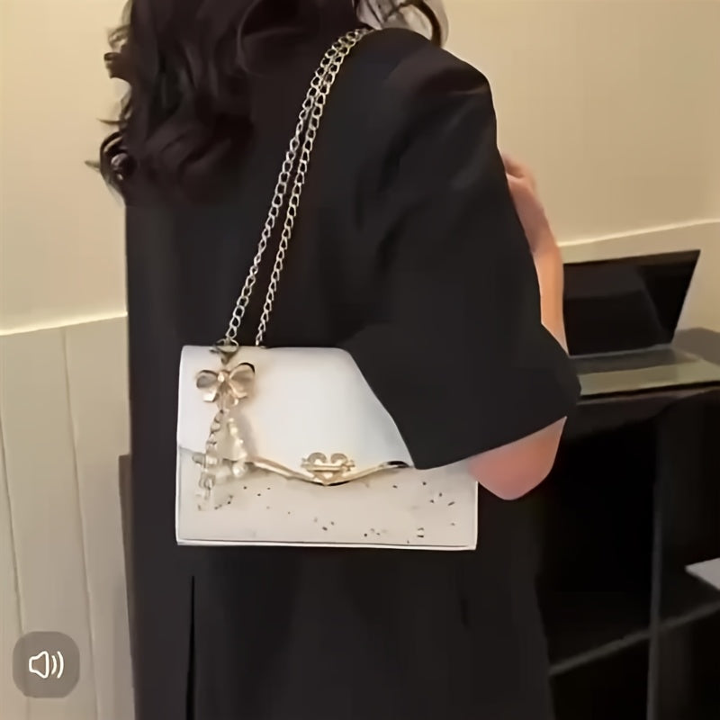 Elegant Sequin and Pearl Embellished Messenger Bag with Golden Chain Strap | Fashion Flip Cover, Adjustable Shoulder Strap, Ideal for Parties and Gifts, White Ivory Color, Magnetic Snap Closure, Dual Large Compartments