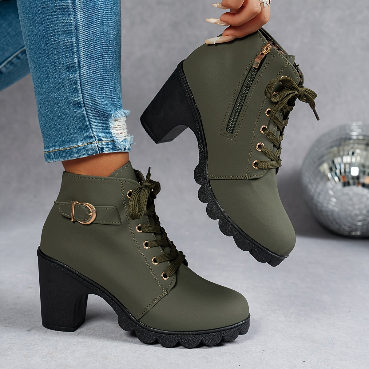 Women's Olive Green High-Heel Platform Ankle Boots - Thick Rubber Sole, Round Toe & Zipper Closure, All-Season Versatile Casual to Semi-Formal, Easy On/Off Faux Cover Booties, Ankle Boots For Women, Womens Ankle Boots, Fall Boots For Women, Boots For Women Elegant Classy, Women Ankle Boots, Bottes Femme, Boots For Women Ankle, Boots Women, Ankle Boots For Women Elegant Classy