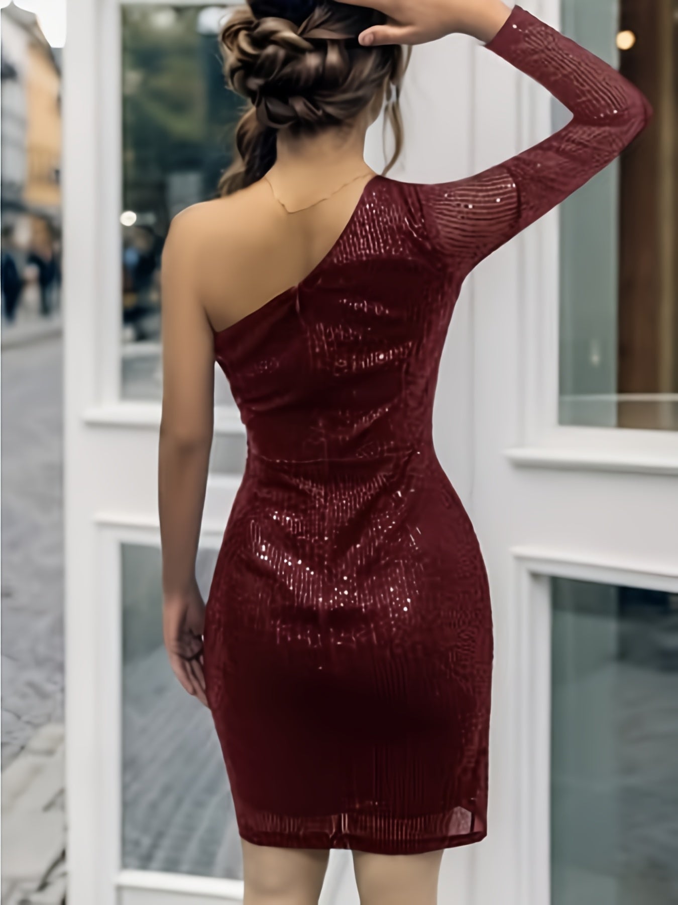JHQC167 Women's Sparkling One Shoulder Sequin Cocktail Dress - Long Sleeve Mermaid/Bodycon Party Gown with Asymmetrical Hem, Shimmering Evening Dress for Weddings, Prom, Nightclub & Special Events (No)