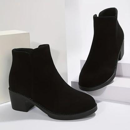 1pr Women's Solid Color Mid Heel Block Boots with Side Zipper, Plain Toe Fabric Upper, TPU Sole, All-Season Comfort Ankle Booties, Casual Footwear|Stylish Zipper Boots|Stable Block Heel
