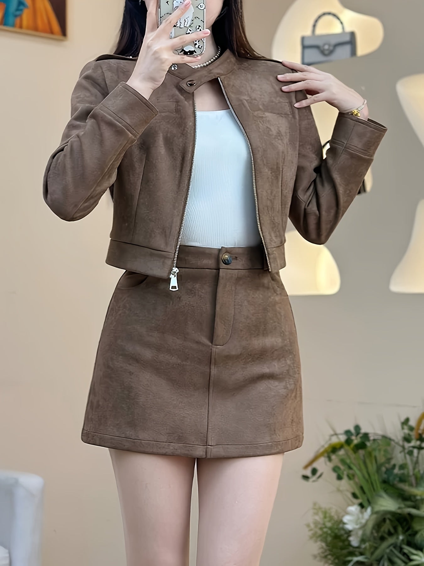 Brown Biker Style Women's Set: Short Zip-Up Jacket + High-Waisted A-Line Skirt with Zipper, Slimming Retro Two-Piece Outfit for Autumn/Winter
