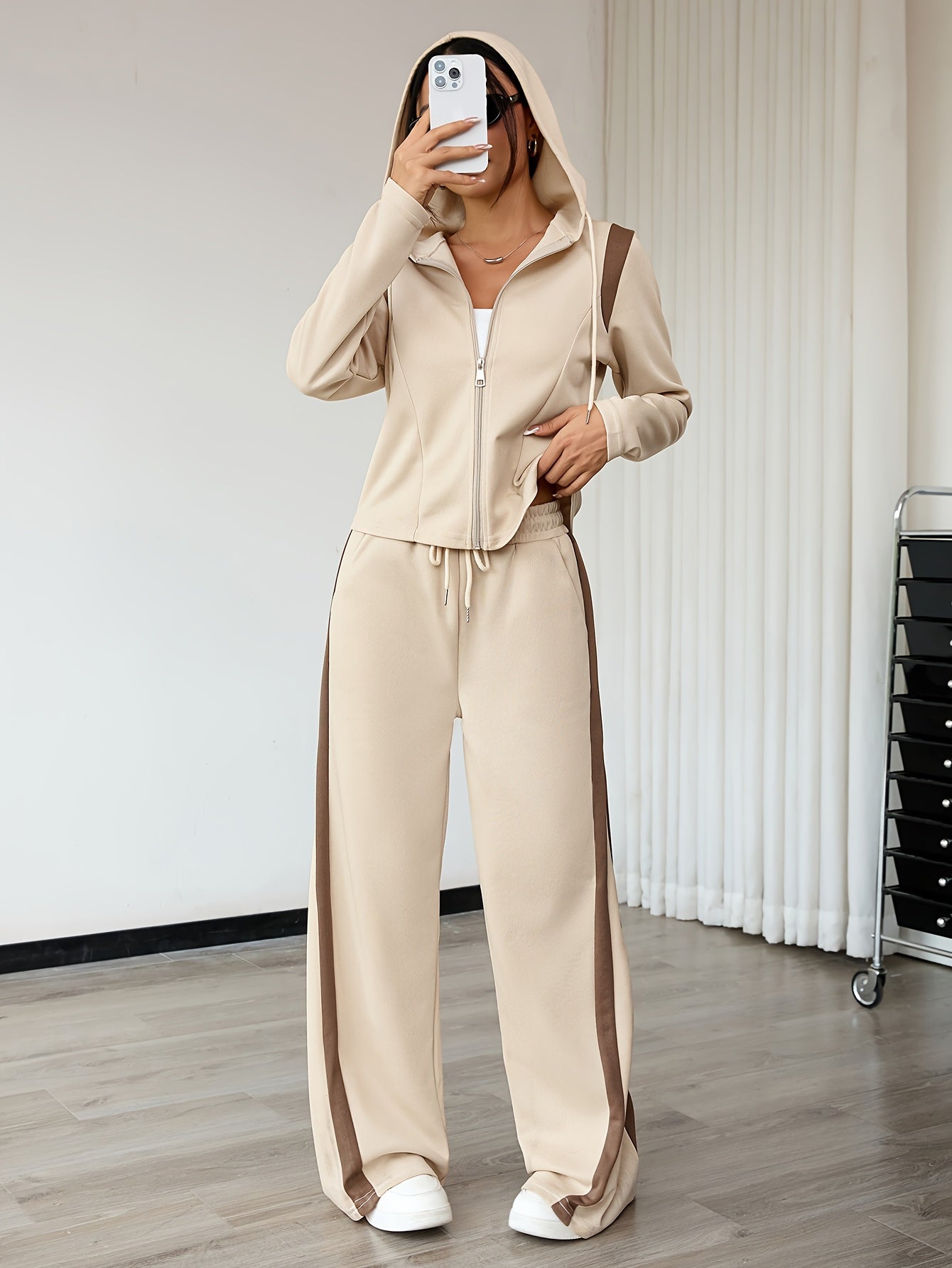 Women'S Casual Spring/Fall Two-Piece Set - Long Sleeve Zip-Up Hoodie & Straight-Leg Pants with Color Block Design, Drawstring Waist, Pockets, and Brown/ Accents, Spring Fall Attire | Color Block Design | Drawstring Waistband