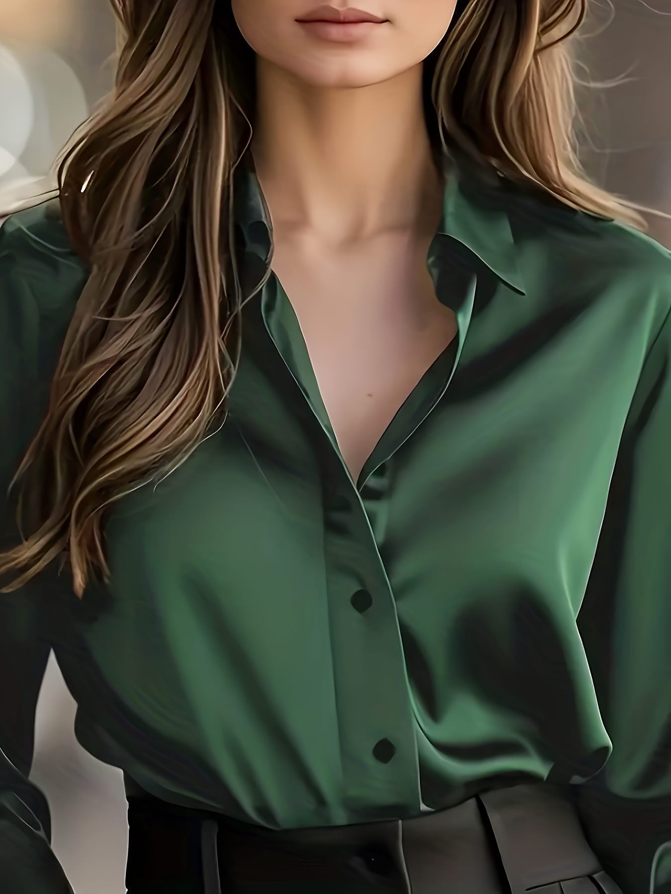Women'S Elegant Satin Shirt - Long Sleeve Blouse with V-Neck, Button-Front Closure, Office to Party Tops - Soft Satin-like Fabric for Women - Spring/Fall Wardrobe