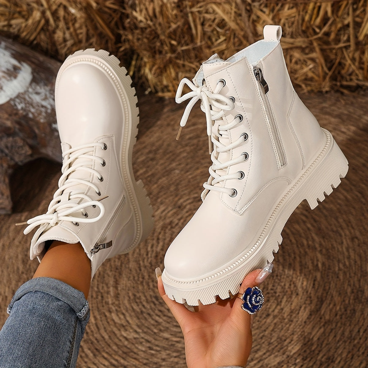 Women'S Chunky Platform Boots - Thick Platform Sole for Height & Stability, Zipper Closure, Synthetic Cover Upper - All-Season Everyday & Formal Boots - Non-Slip Rubber Outsole - Easy-Clean Shoes for Women, Versatile Footwear, Modern Footwear, Durable Construction, Fashionconscious Buyers, Casual Wear, Trendy Footwear, Sturdy Construction, Office Wear, Gothic Boots For Women, Platform Boots For Women, White Gothic Boots, Bootie, Beige Purse And Booties, Beige Moccasin Boots For Women
