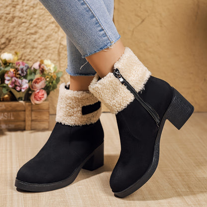 Women'S Elegant Western-Style Chunky Heel Ankle Boots with Side Zipper & Plush Faux Fur Lining - Thick Rubber Sole, Round Toe, Fabric Upper for Winter Comfort & Casual Outfits, Winter Footwear, Round Toe Boot, Durable Rubber Sole, Fabric Construction, Warm Lining, Fashion Women