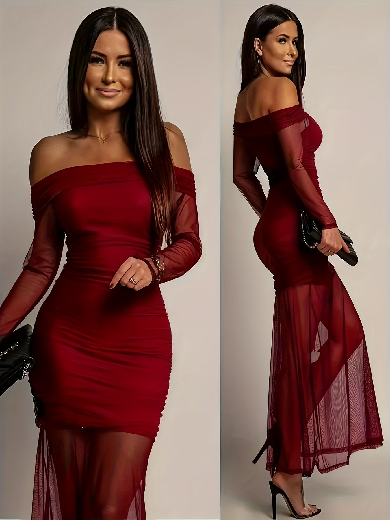 Vestido de Sereia  Sem Alças/Ombro Único - Vestido de Noite Formal Longo com Painéis de Malha Transparente, Decote Alto-Baixo & Mangas Compridas, Trem de Tule Preto Semelhante a Vermelho Lavável à Máquina para Baile, Casamento, Festa - Ajuste Elástico para o Ano Todo