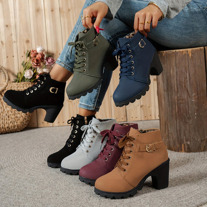 Women's Chunky Platform Ankle Boots - Side Zipper & Lace-Up Closure, Round Toe Boots with Non-Slip Rubber Sole - All-Season Cushioned Interior - Synthetic Cover Shoes in Black, Brown, Navy Green, Burgundy, Blue, Grey - for Casual, Formal, Everyday
