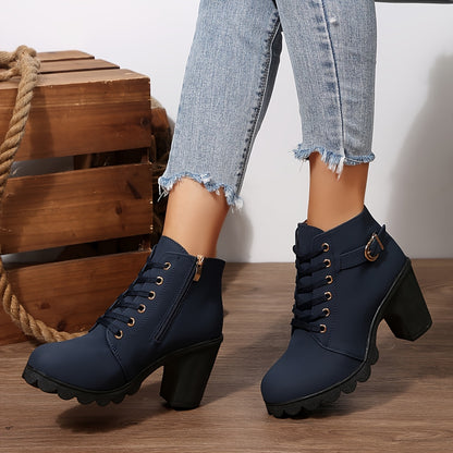 Women'S Comfortable Elegant Outdoor Lace-Up High Heels with Chunky Heel Side Zipper High Heel Ankle Boots, Solid Color, All-Season, Plain Toe, Faux Cover, Fabric Inner and Insole, Hand Washable, Casual Dress Shoes | Laceup Ankle Boots | Faux Cover Boots