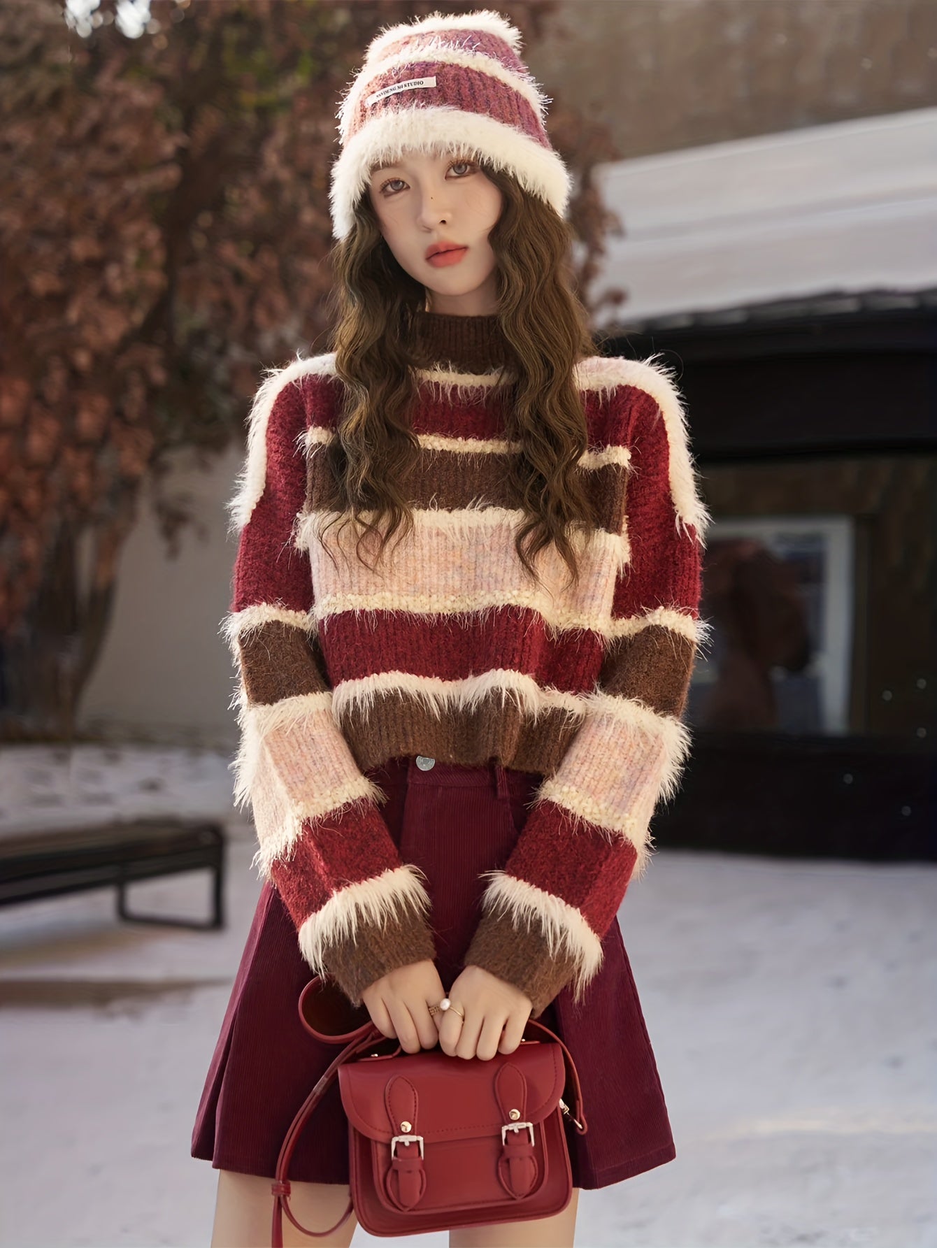 Christmas Halloween Theme - ootd Korean Fall Denim Skirt and Striped Sweater Two Piece Set, Fashionable to Wear/ Fabric Comfortable- Clashing Stripes Design - Autumn New Style!