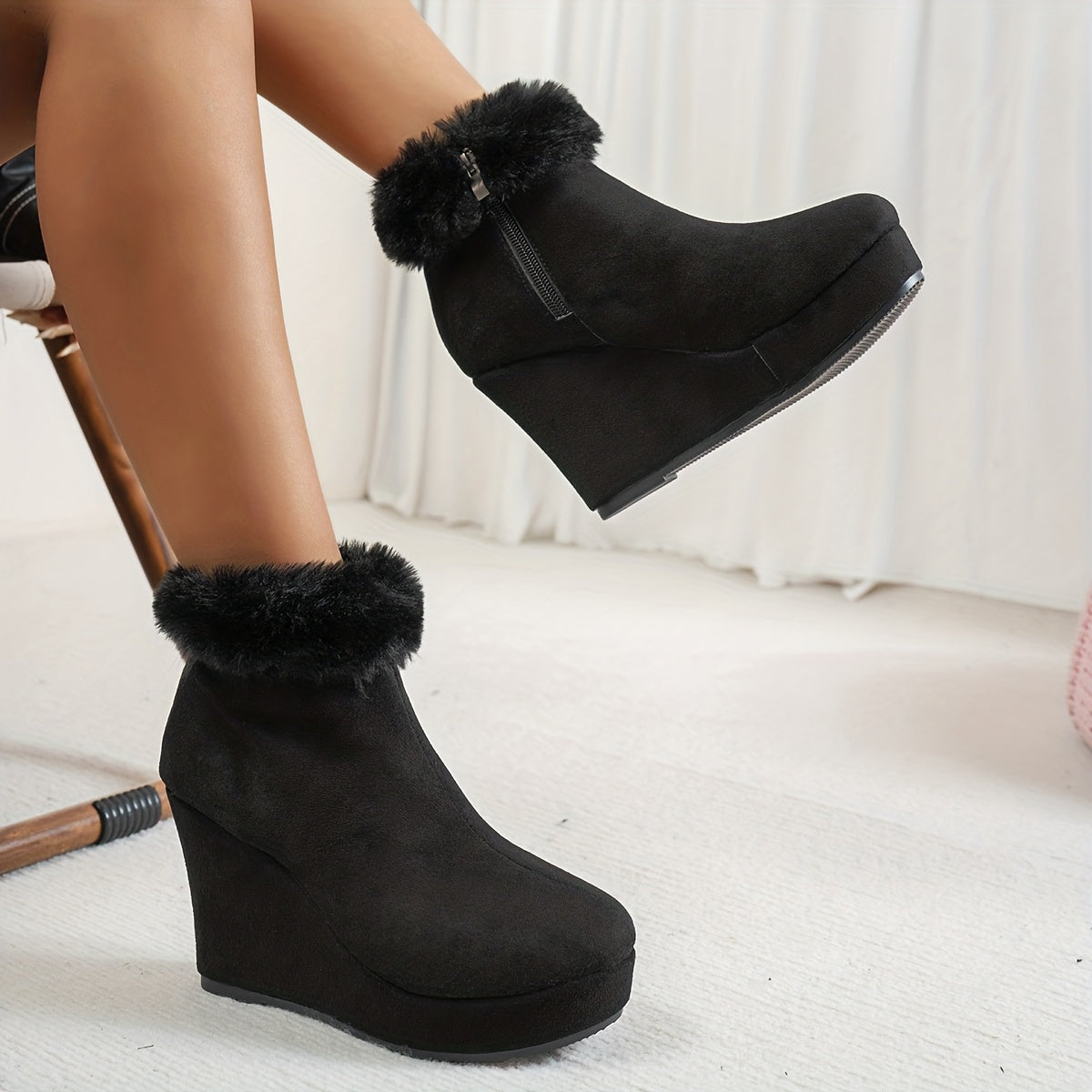 Women'S Winter Ankle Boots with Plush Lining - Cozy Fleece-Lined Round Toe Mid-Heel Zipper Closure, Soft Fabric Upper & Rubber Sole