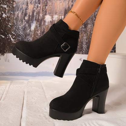 Spicy Black Buckle Chunky Heel Ankle Boots, The Party-Stealing Boots! Black Thick-Sole High Heels with Metal Buckle, Runs Small One Size