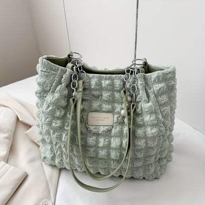 1pc Summer Sweet Clouds Tote Bag for Women - Large Capacity Shoulder Bag with Zipper Closure, Polyester Lining, 4 Colors (White/Pink/Green/Black), City Theme Design, Perfect for Commuting & Outings